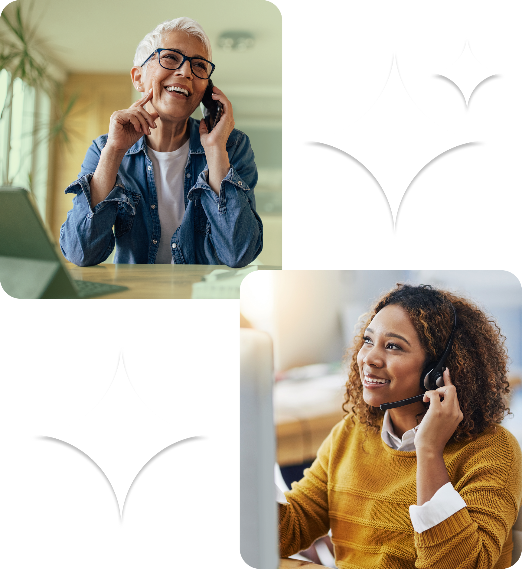 Graphic of two people interacting, customer service assisting a customer with AI assistance