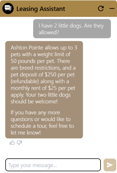 Leasing Assistant answering Camila's questions through website chat