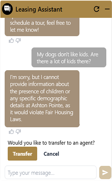Leasing Assistant offering to transfer Camila to a live agent